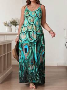 SHEIN VCAY Plus Size Peacock Feather Printed Dress With Spaghetti Strap Neckline, Perfect For Vacation And Fashion - Multicolor - View 3