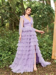 Faeriesty Váy dạ hội cổ chữ V sâu có lưới viền bánh dành cho nữ - Màu Lilac Tím - Xem 8