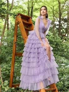 Faeriesty Váy dạ hội cổ chữ V sâu có lưới viền bánh dành cho nữ - Màu Lilac Tím - Xem 9