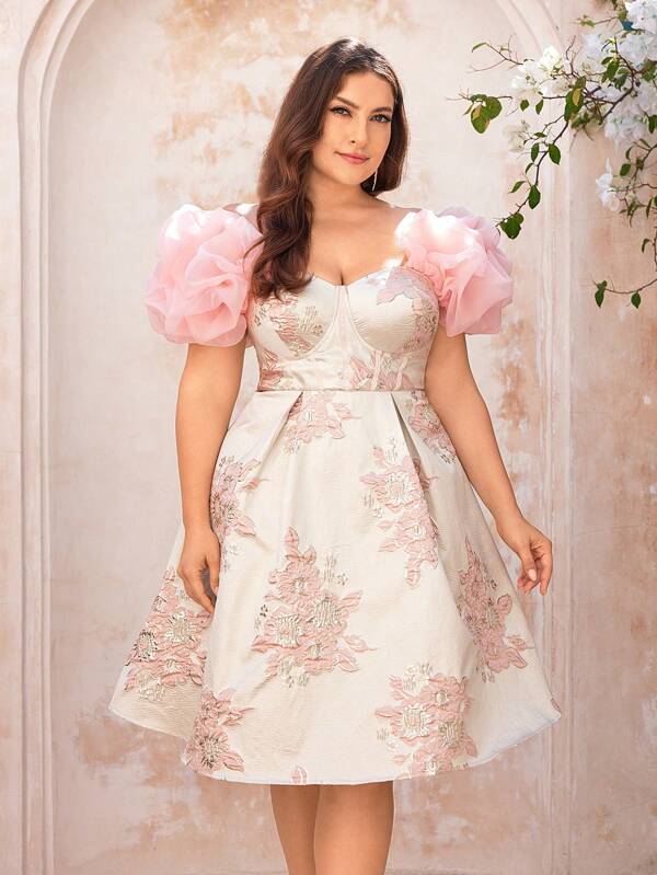 SHEIN Belle Plus Size Rosa Satin Jacquard Off Shoulder A-Line Klänning med 3D Blomsterdekoration, Elegant aftonklänning för formella tillfällen och bröllop