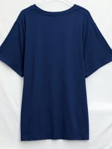 Calvaya Ladies Casual Monogram T-Shirt, Suitable For Summer Graphic Tees Women Tops - Navy Blue - View 2