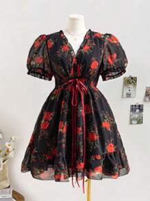 Soleia Black Base With Red Rose Floral V-Neck Tie Waist A-Line Romantic Casual Holiday Plus Size A-Line Dress - Multicolor - View 3