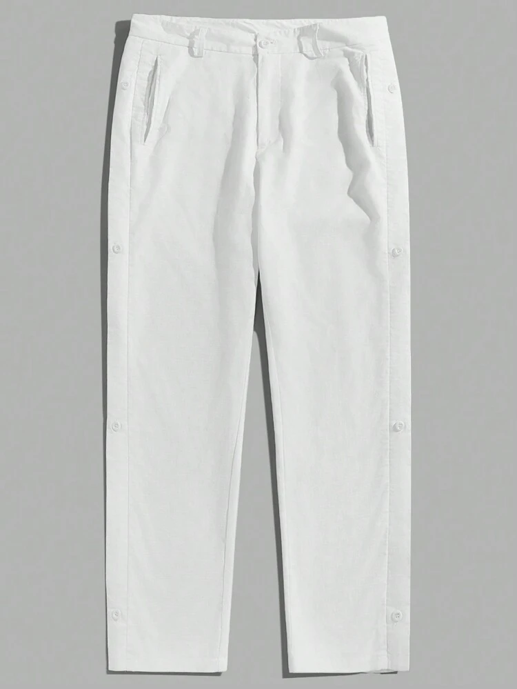 Men's Solid Woven Long Mid-Rise Straight Casual Pants, Suitable For Daily Outings