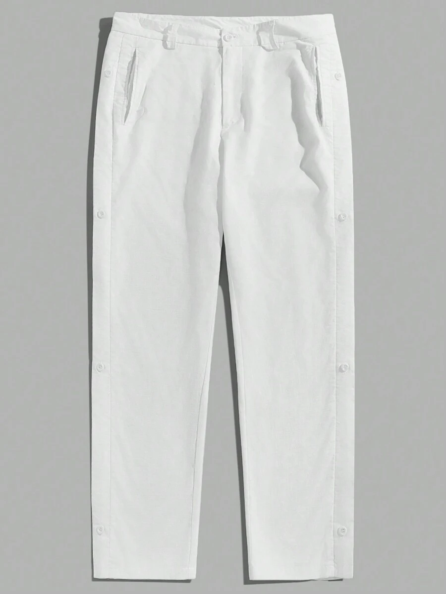 Manfinity VCAY Men's Solid Woven Long Mid-Rise Straight Casual Pants, Suitable For Daily Outings - White - View 1