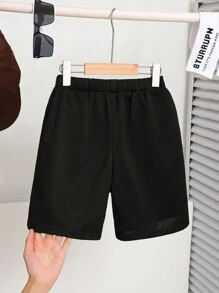 SHEIN Tween Boy Phong cách đường phố giản dị in quần short dệt kim rộng - màu đen - Xem 2