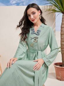 Al Najma V領腰帶休閒長袖日常穿著連衣裙 - 綠色 - 查看 7