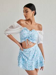 DAZY 女士夏季沙灘花卉印花荷葉邊露肩短袖比基尼套裝，3入組 - 彩色 - 查看 1