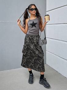 SHEIN Teen Girl Knitted Star Print Ruffled Halter Top And Camo Patch Pocket Skirt Set, 2pcs - Grey - View 4