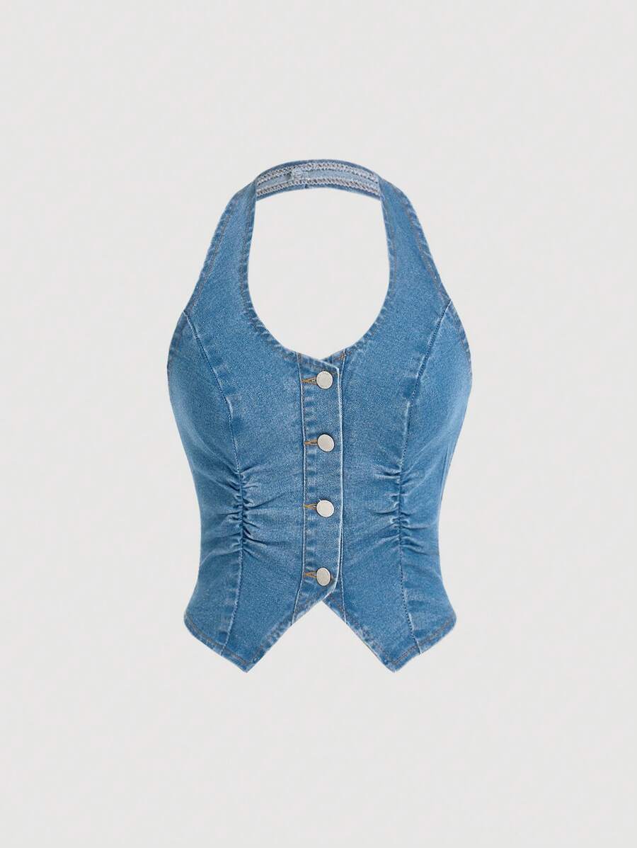 SHEIN ICON Top halter de mezclilla azul elástico recortado estilo Y2K con espalda abierta - Azul lavado medio - Ver 1