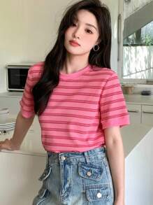 DAZY 女款夏季條紋和印花圓領短袖休閒T恤 - 粉色 - 查看 6