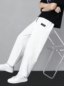 Hombres Pantalones rectos con diseño de parche de letra de cintura con cordón - Blanco - Ver 3