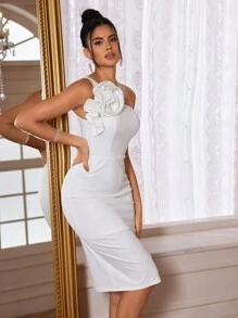 Đầm trang trọng màu trắng cổ bất đối xứng thanh lịch - trắng - Xem 1