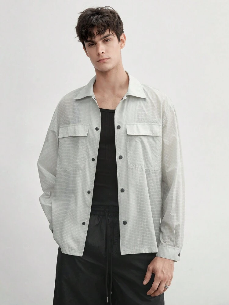 UPF Men's Woven Nylon Grid Windbreaker Fabric See-Through Loose Drop-Shoulder Jacket, Summer Shirt, Suitable For Spring And Summer Seasons, For Fall Winter