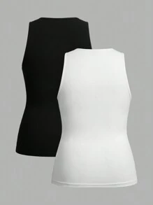 SHEIN EZwear 2 Set Plus Size Round Neck Thick Strap Padded Camisole And Tank Top, Suitable For Summer - Black and White - View 2