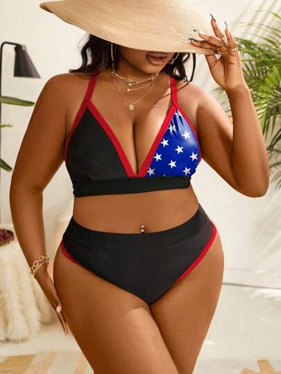 SHEIN Swim Curve Plus Size Women's Summer Beach 4th Of July American USA Flag Print Sexy Bikini Set