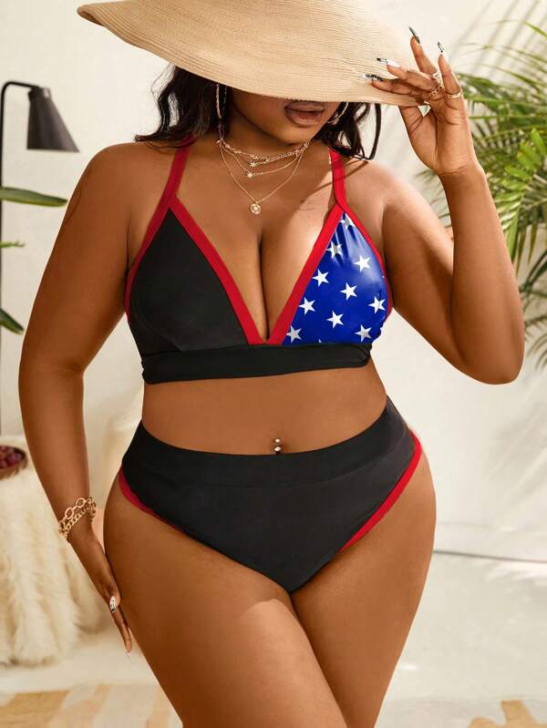 SHEIN Swim Curve Conjunto de bikini sexy con estampado de bandera estadounidense americana del 4 de julio para mujer talla grande para playa