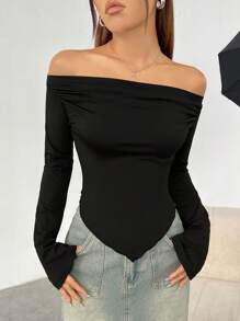 SHEIN EZwear Black Knitted Off Shoulder Women's T-shirt - Black - View 1
