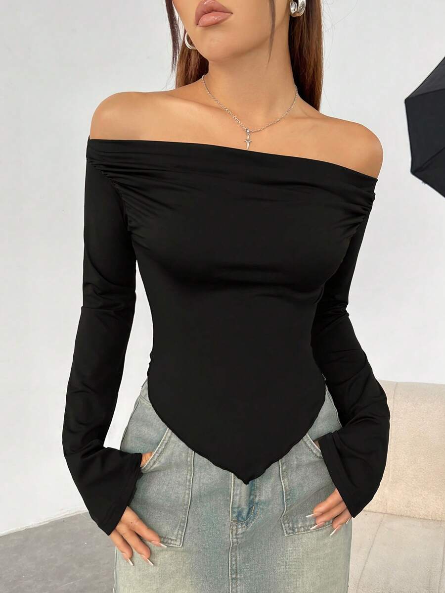 SHEIN EZwear Black Knitted Off Shoulder Women's T-shirt - Black - View 1