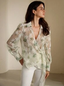 Aveloria Modichic Women's Sheer Mesh Random Embroidery Long Sleeve Shirt