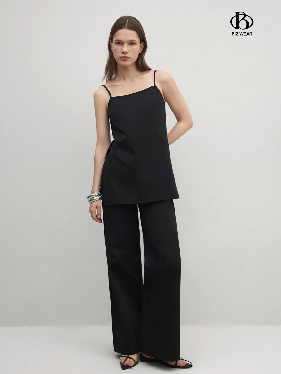 BizChic Conjunto de dos piezas elegante para mujer, sin mangas, para ir a citas. Incluye top y pantalón largo. - Negro - Ver 1