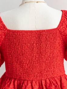 Dreamara Bluse mit Koboldärmeln und Jacquardmuster Große Größen für Damen, Rücken-Joch und gesammeltem Taillenbund, A-Linie Schnitt, rot, Sommer-Ferien-Stil - Rot - Übersicht 5