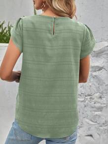 EMERY ROSE Blusa de manga de pétalo de unicolor con agujero de cerradura en la espalda - Verde - Ver 2
