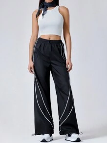 SHEIN EZwear 高腰寬腿休閒長褲 - 黑色 - 查看 5