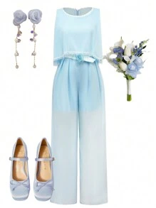 少女優雅婚禮派對花朵腰帶連身褲，採用雪紡面料 - 藍色 - 查看 1