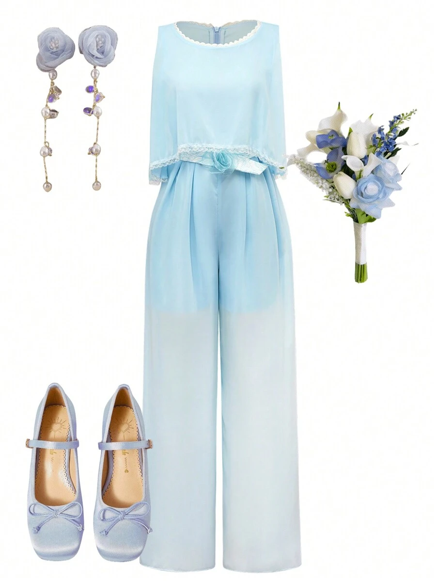 少女優雅婚禮派對花朵腰帶連身褲，採用雪紡面料 - 藍色 - 查看 1