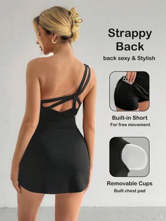 SHEIN Sport Studio Robe d'été sportive élégante sans dos avec sangles croisées pour femmes. Tenue d'aéroport avec contrôle du ventre. Combinaison-short amincissante sans dos.