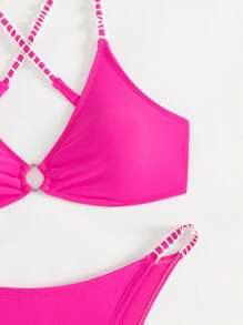 Women's Summer Beach Plain Circular Link Cross Back Sexy Bikini Set - Hot Pink - View 5