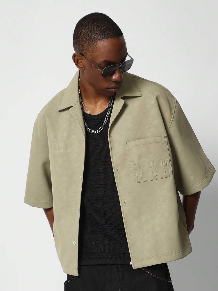 Casual Short Sleeve Button Down Work Shirt Lucky Charm Overshirt St Patricks Day Lightweight Spring Irish-Themed Streetwear With Embossed Pocket Detail