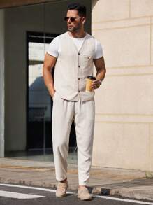 Manfinity VCAY New Men's Solid Color Woven Casual Tapered Pants - Apricot - View 5