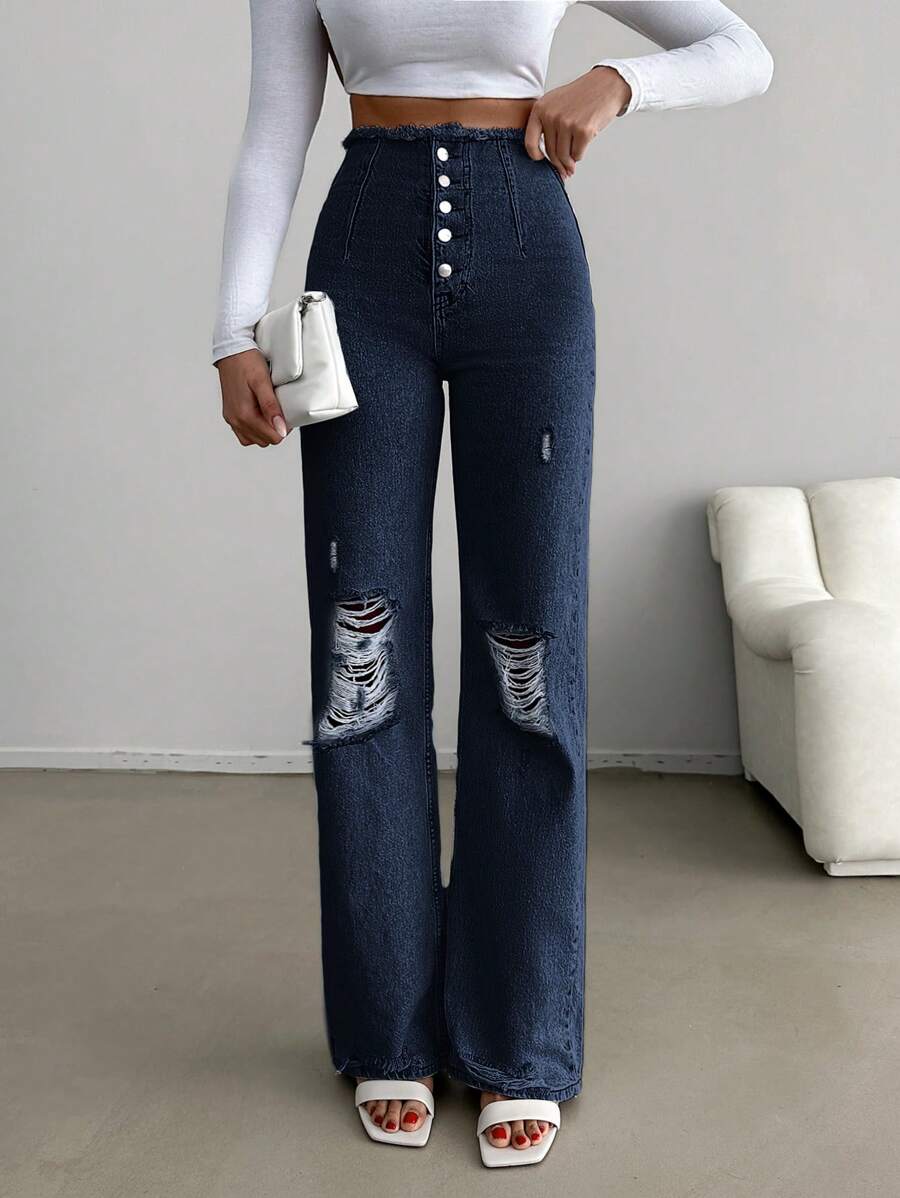 SHEIN Cottnline Vaqueros De Mezclilla Desgastados Con Botones En La Parte Delantera Para Mujer - Azul lavado oscuro - Ver 1