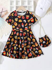 Vestido cómodo de manga corta con estampado de patatas fritas y hamburguesa de dibujos animados para niña joven junto con bolsa, adecuado para salidas y vacaciones de verano - Negro - Ver 1