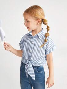 SHEIN 年輕女孩休閒合身落肩極簡條紋襯衫，綁帶肩帶設計 - 彩色 - 查看 5