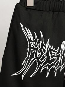 SHEIN Tween Boy Phong cách đường phố giản dị in quần short dệt kim rộng - màu đen - Xem 3