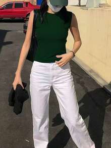 INAWLY 女士純色無袖背心，適合日常穿著 - 綠色 - 查看 3