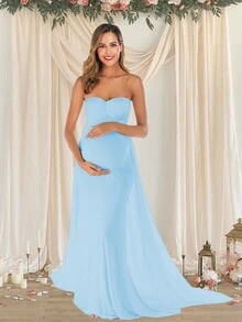 Maternity Tube Top Dress With Long Chiffon Train For Baby Shower Photoshoot - Baby Blue - View 4