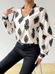 Chiquease 女性波西米亞風格印花長袖襯衫，女士上衣 - 杏色 - 查看 3