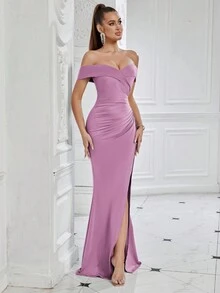 ADYCE 露肩开衩高腰褶皱侧边鱼尾裙摆鸡尾酒会礼服，优雅适合晚宴、正式晚宴、婚礼宾客穿着（女装） - 淡紫色 - 查看 5