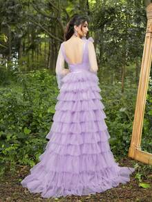 Faeriesty Váy dạ hội cổ chữ V sâu có lưới viền bánh dành cho nữ - Màu Lilac Tím - Xem 3