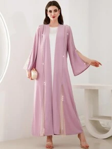 Al Najma Coffee Color Grid Sheer Classic Handmade Modest Long Sleeve Arabian Abaya With Rhinestones, Robe - Pink - View 1