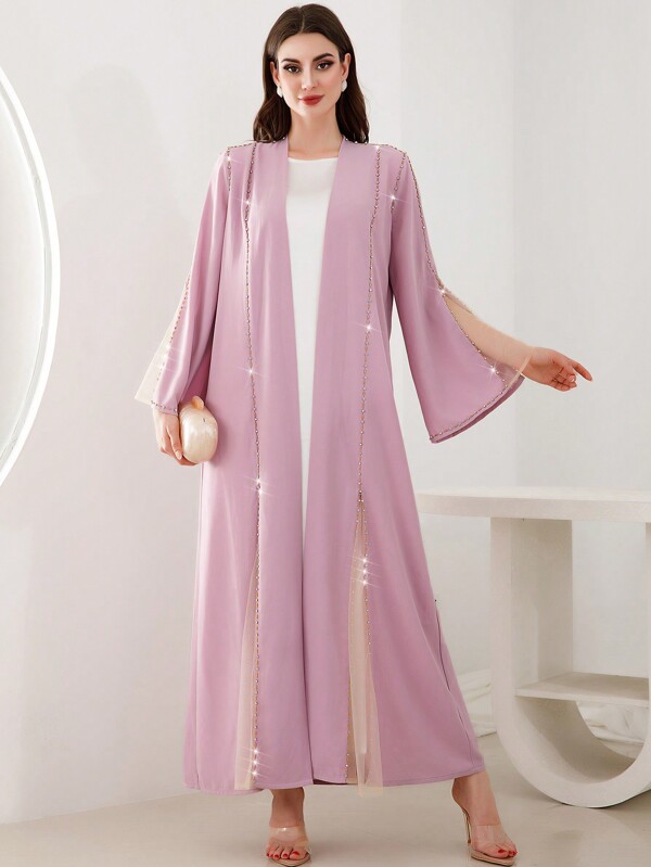 Al Najma Coffee Color Grid Sheer Classic Handmade Modest Long Sleeve Arabian Abaya With Rhinestones, Robe