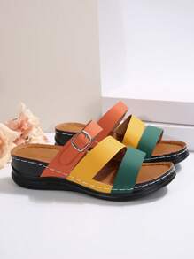 Summer New Colorblock Splicing Open Toe Sandals, Metal Buckle Decor, Platform Wedge Heel Design, Criss-Cross Hollow Breathable Upper, Fashionable Casual Vacation Versatile Sandals For Women - Màu vàng - Xem 6