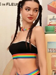 SHEIN Women's Rainbow Trim Summer Bandeau Bra - Black - View 7