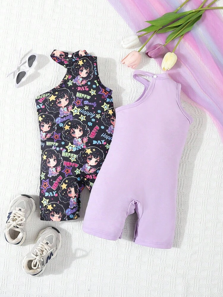 Two Girls' Purple Cartoon Allover Print Stylish Sleeveless Romper, Summer