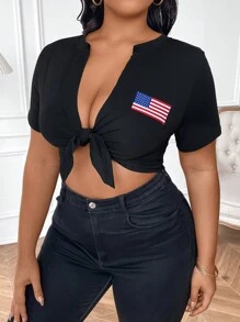 Flirla Large Women's Knitted Cross Twisted T-Shirt - Black - View 6
