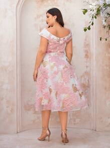 SHEIN Belle Plus Size White Spring Greek Goddess Sparkly Masquerade Party Organza & Satin Gold Thread Embroidery A-Line Dress,Off Shoulder V-Neckline Prom Dress - Multicolor - View 5