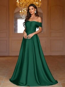 SHEIN Belle 纯色露肩褶饰及地伴娘礼服，优雅正式晚会舞会婚礼宾客礼服，适合毕业典礼、晚宴派对礼服